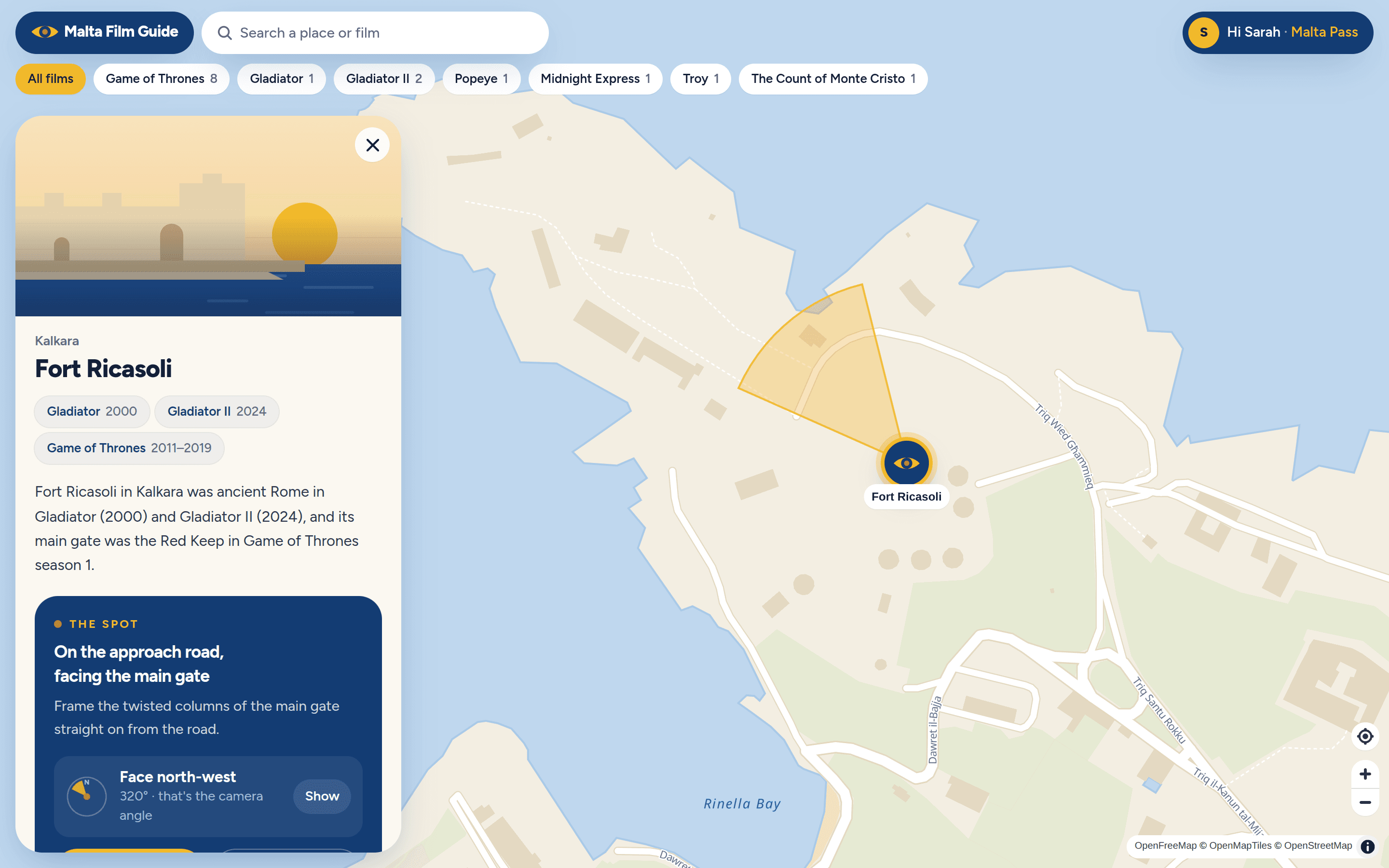 The Malta Film Guide map on a laptop, with a location panel open