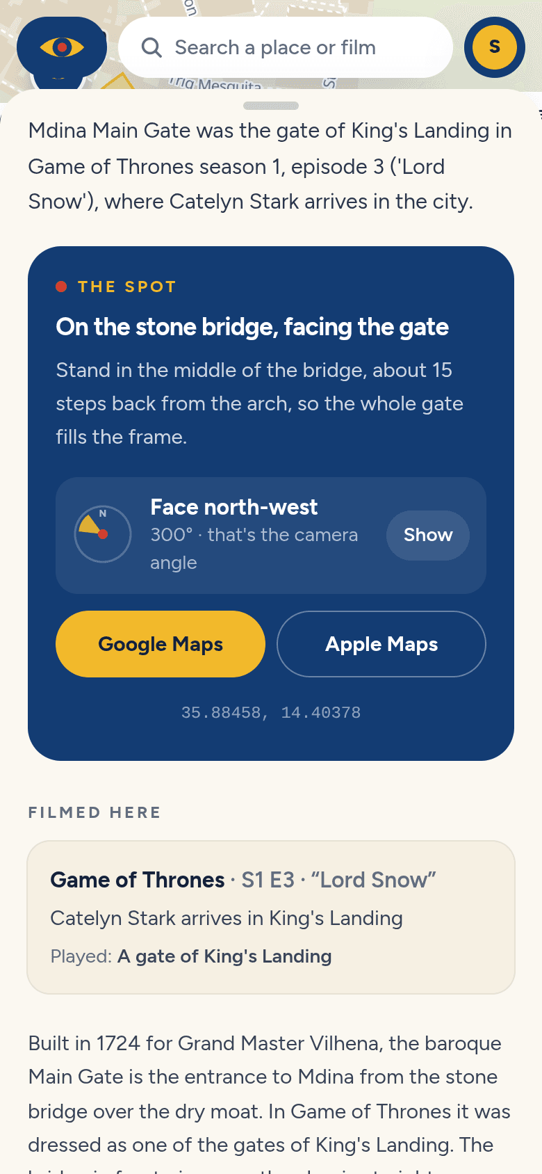 A location open in the Malta Film Guide app, showing the exact spot and which way to face